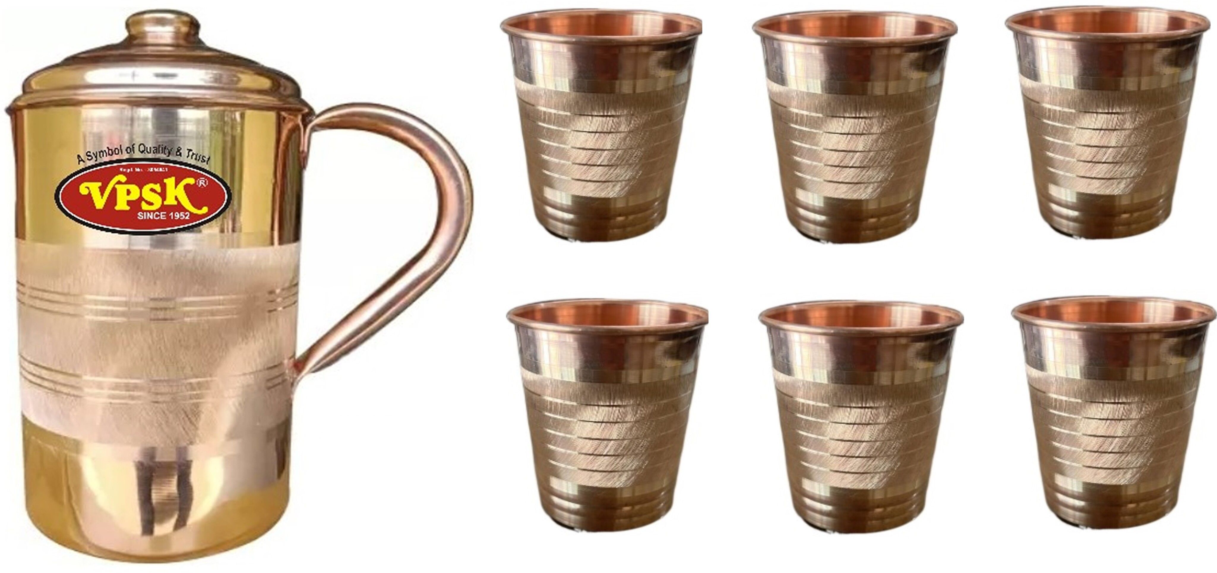 COPPER JUG 1.5 LITER WITH 6 GLASS ( 350 ML WATER CAPACITY) Jug Glass Tray Set