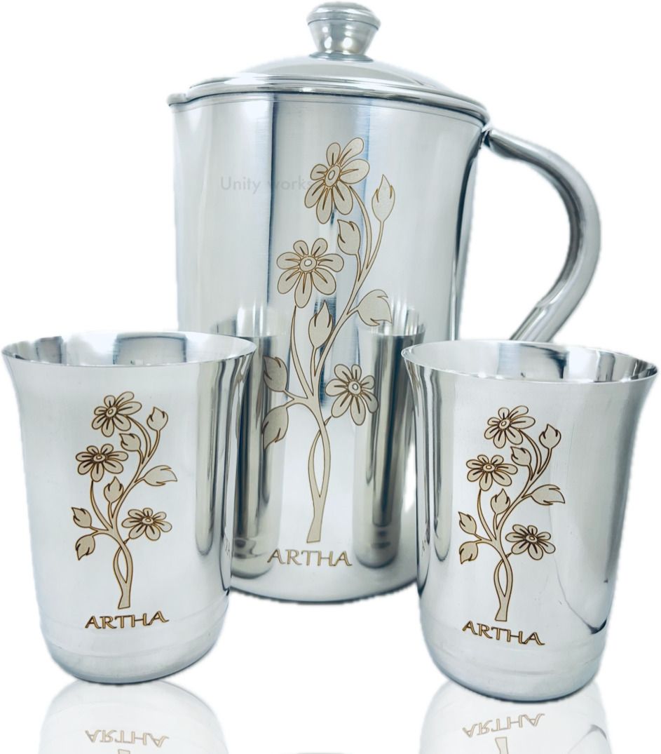 Jug Glass Set-SS Laser Printed And Mirror Polished Jug 2 Ltr & 2 Glass 400 Each Jug Glass Set