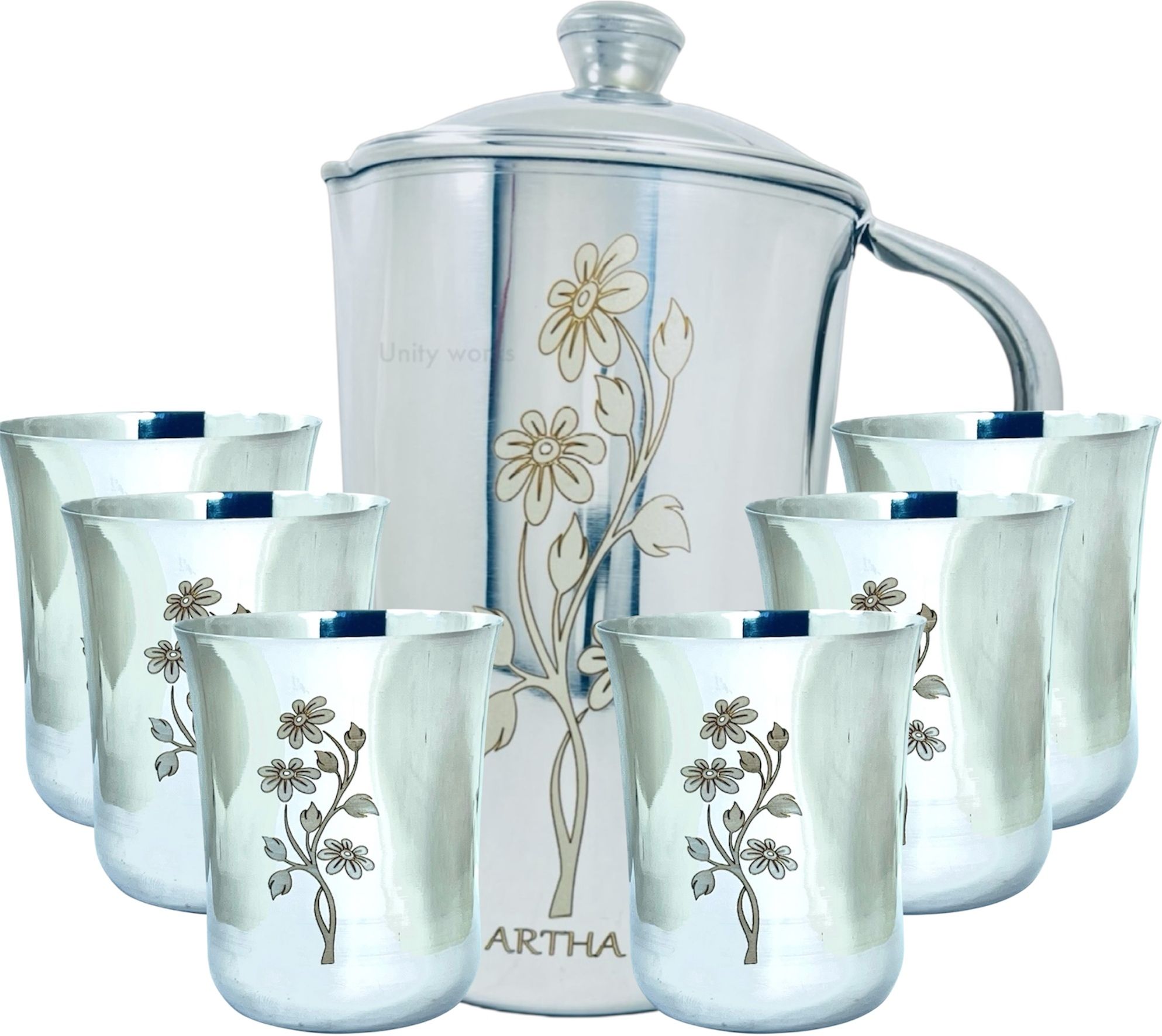 ARTHA Jug Glass Set - Stainless Steel Laser Printed Jug With 6 Pcs Of Glass Mirror Polished And Laser Printed, 2 Ltr Jug And 500 ML Glass Capacity Jug Glass Set-image-24