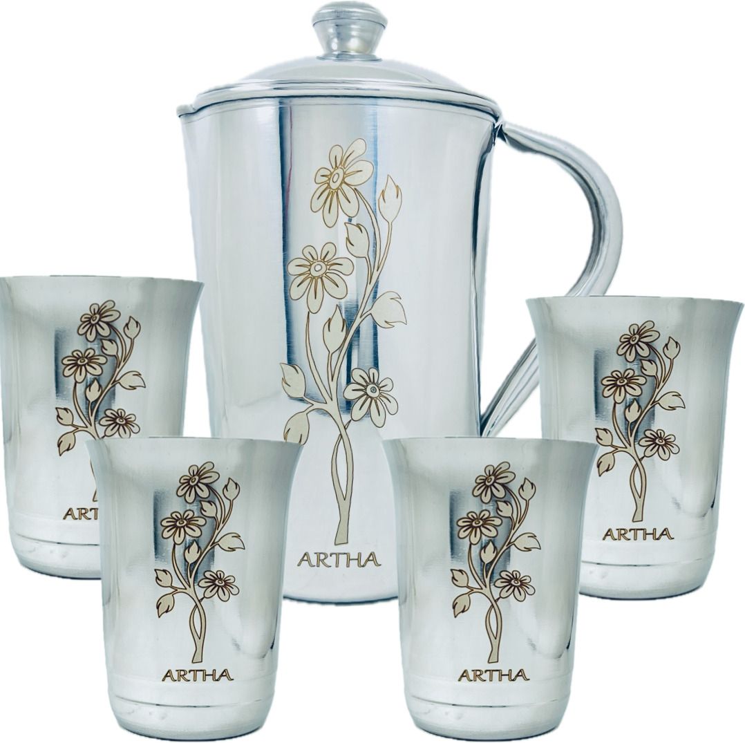 Jug Glass Set- SS Laser Printed & Mirror Polished-Jug And 2 Glasses 400Ml Each Jug Glass Set