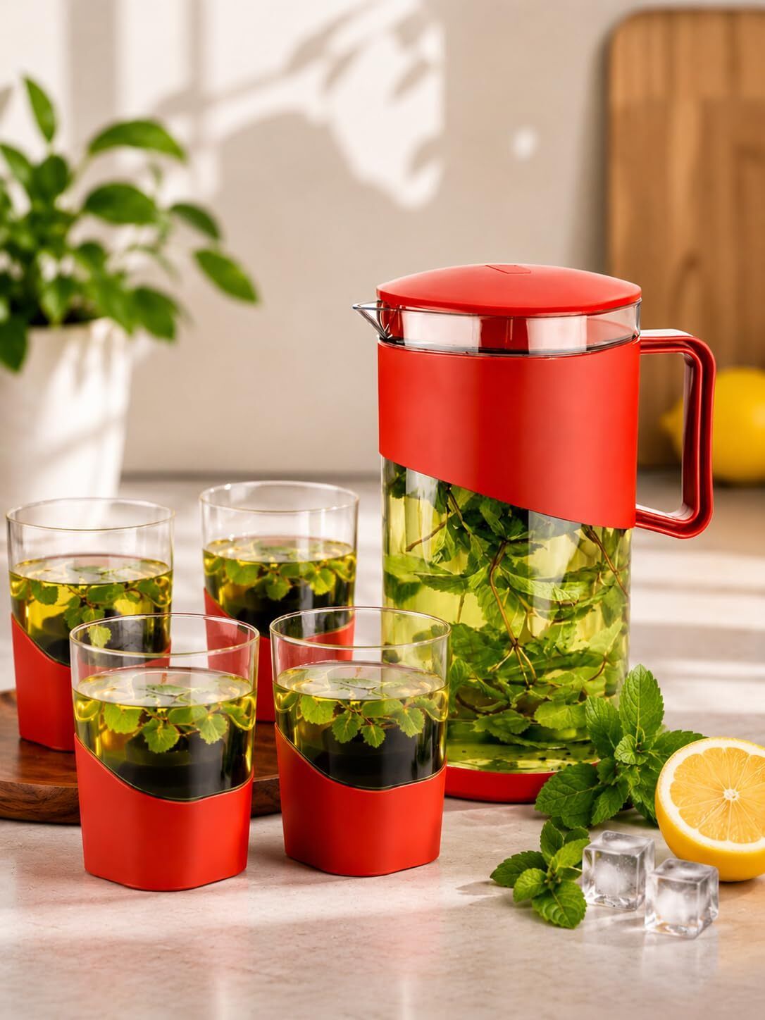 mcbazel Water Jug with 4 Glass - Red Jug Bottle Glass Set-picture-21