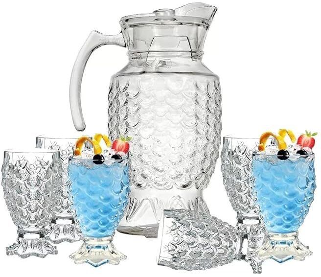 red-rubby 1.8L Glass Pitcher and 6 Glass Set | Pineapple Glass Water Jug with Lid Juice Jug Glass Set-picture-45