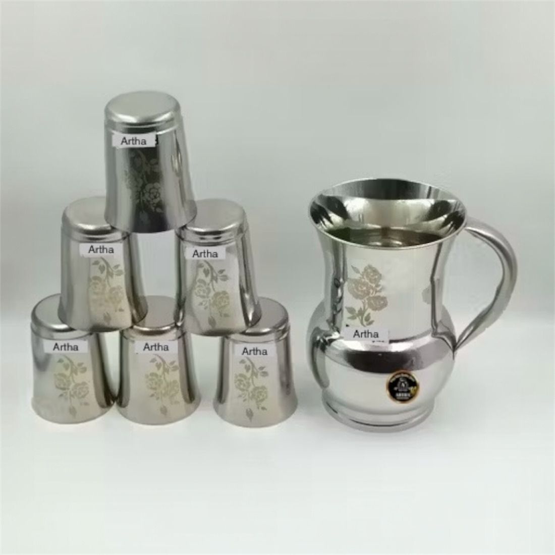 Artha Jug Glass Set - S.Steel Laser Printed Jug With 6 Pcs Of Glass Laser Printed, 2 Ltr Jug And 400 ML Glass Capacity Jug Glass Set-image-22
