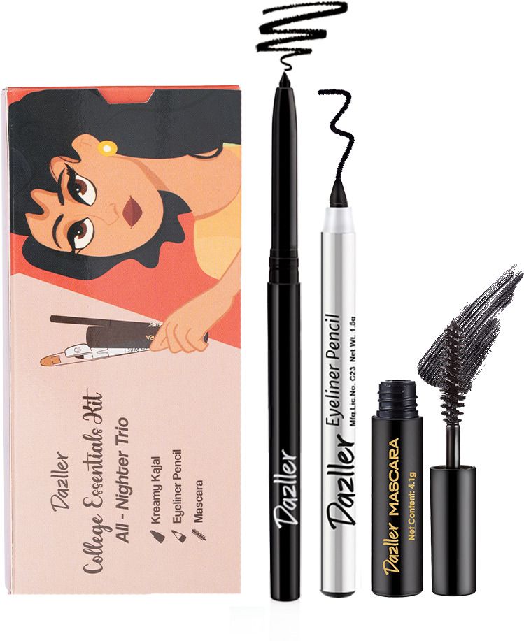 College Makeup Essentials-3, KreamyKajal + Mascara + EyelinerPencil, MatteFinish