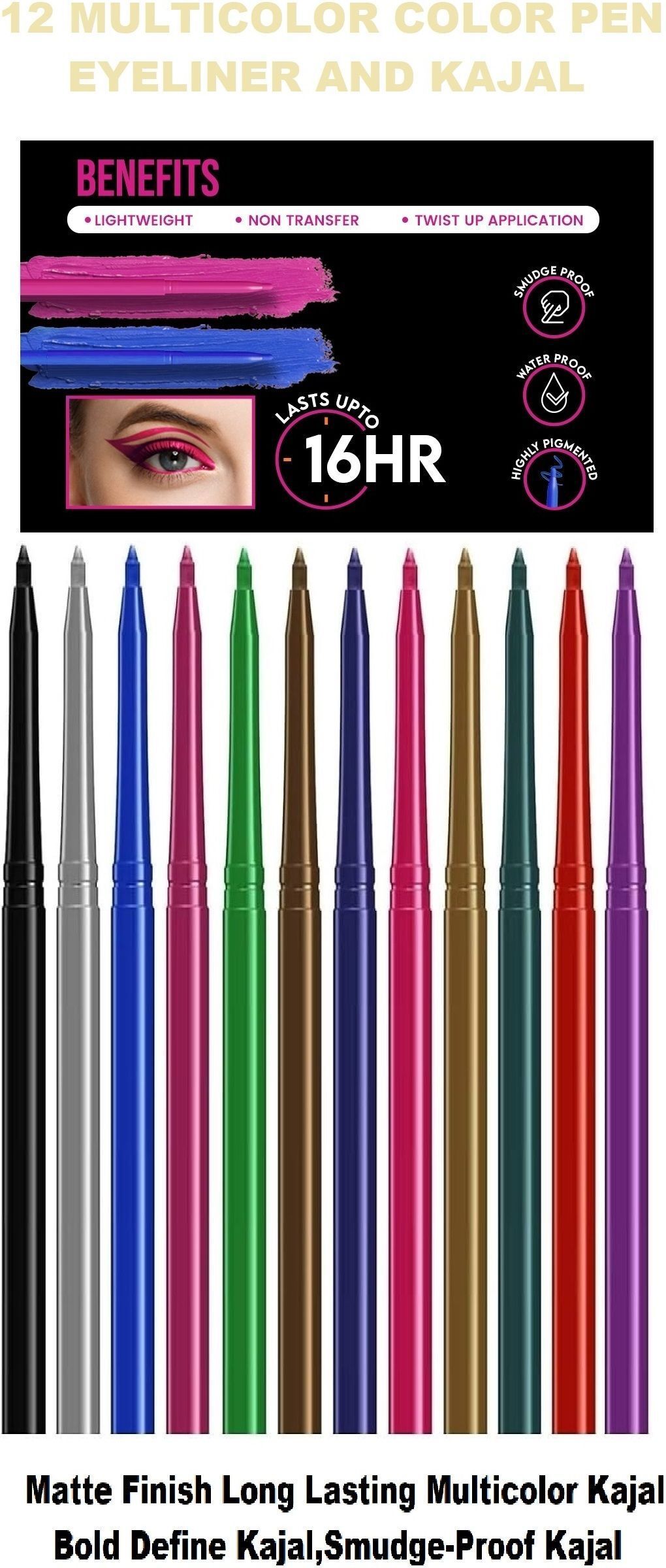 12-Multicolor Eye Liner Pen Pencils, Hyper Pigmented eye Makeup-image-28
