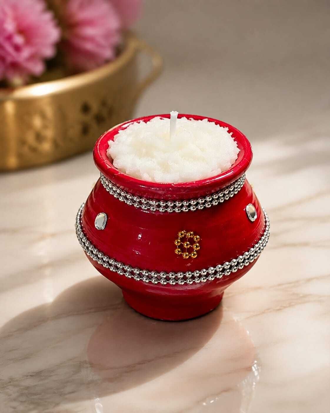 Makhan Matki Candle with Peacock Feather Red White Decorative Home Decor Terracotta Kalash-image-33