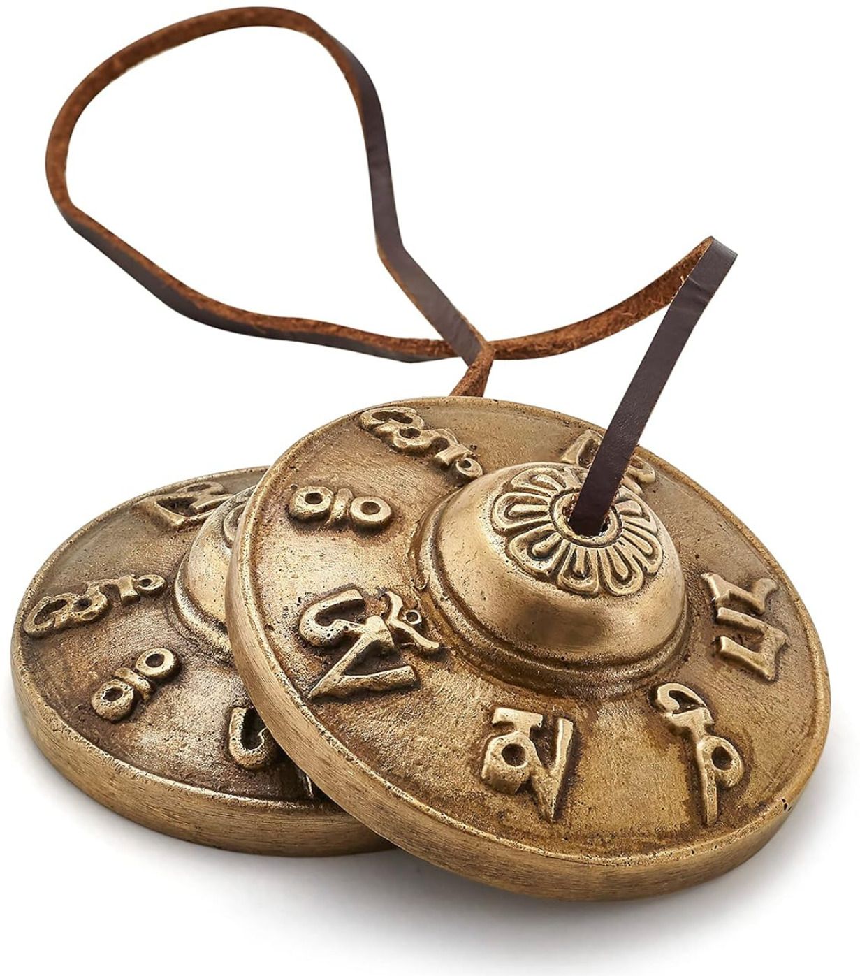 the healing store brass tingsha bell manjeera for meditation om mani mantra with leather chord Kartal Instrument-picture-24