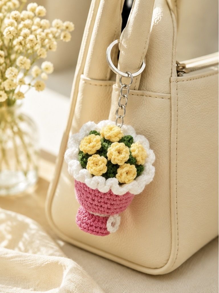 daisieme Handmade Crochet Yellow Flower Bouquet Keychain for Bags, Keys & Gifts Key Chain-picture-28