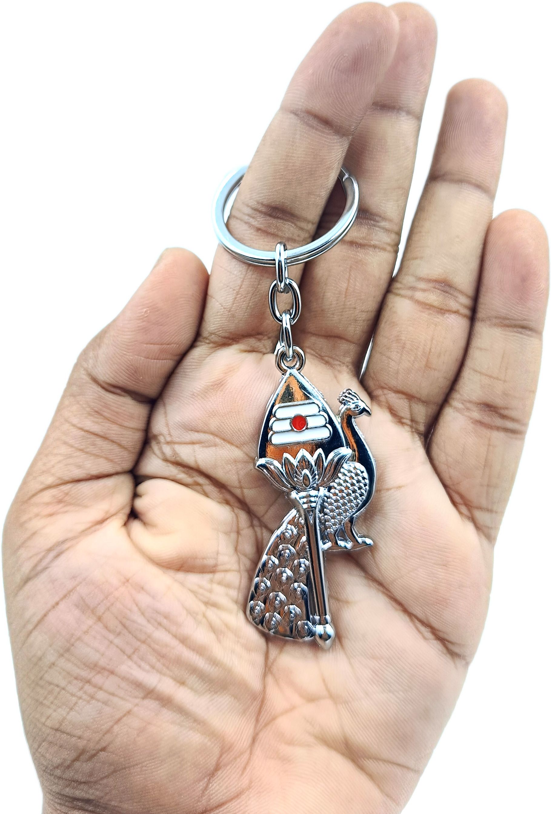 Murugan Om Vel with Peacock Keyring|Kartikeya Keychain for car,bike|Silver Color Key Chain-image-12