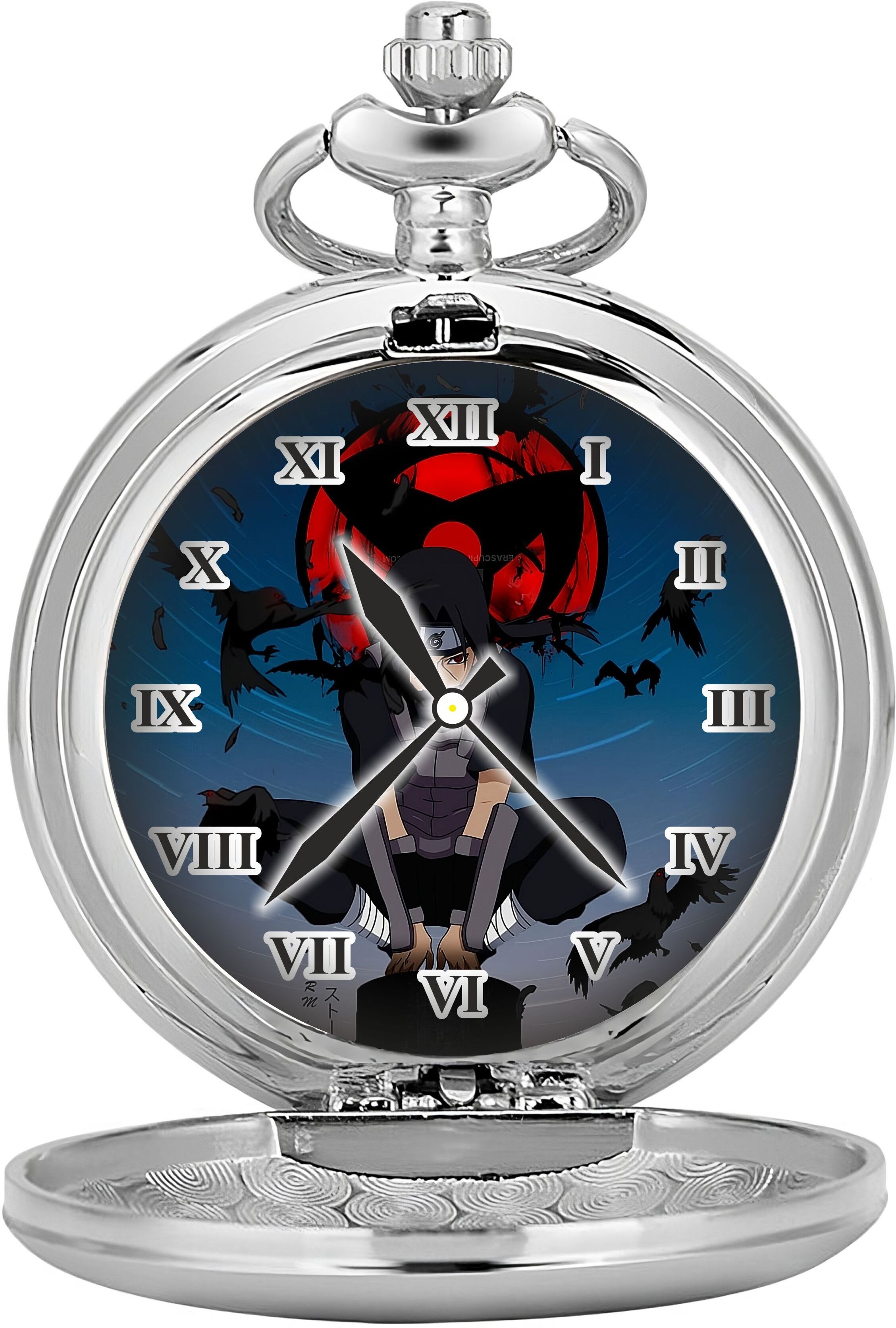 Tiny Tim Antique Pocket-Watch Akatsuki Theme Itachi 2 Print On Dial Car Bike Key Chain Best Gift for Men, Women & Anime Fans on Special Occasions Crome Metal Pocket Watch Chain-picture-47