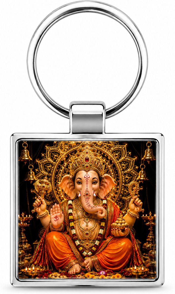 Lord Ganesha Stainless Steel Square Keychain | Premium Ganpati Bappa HD Artwork Key Chain-image-13