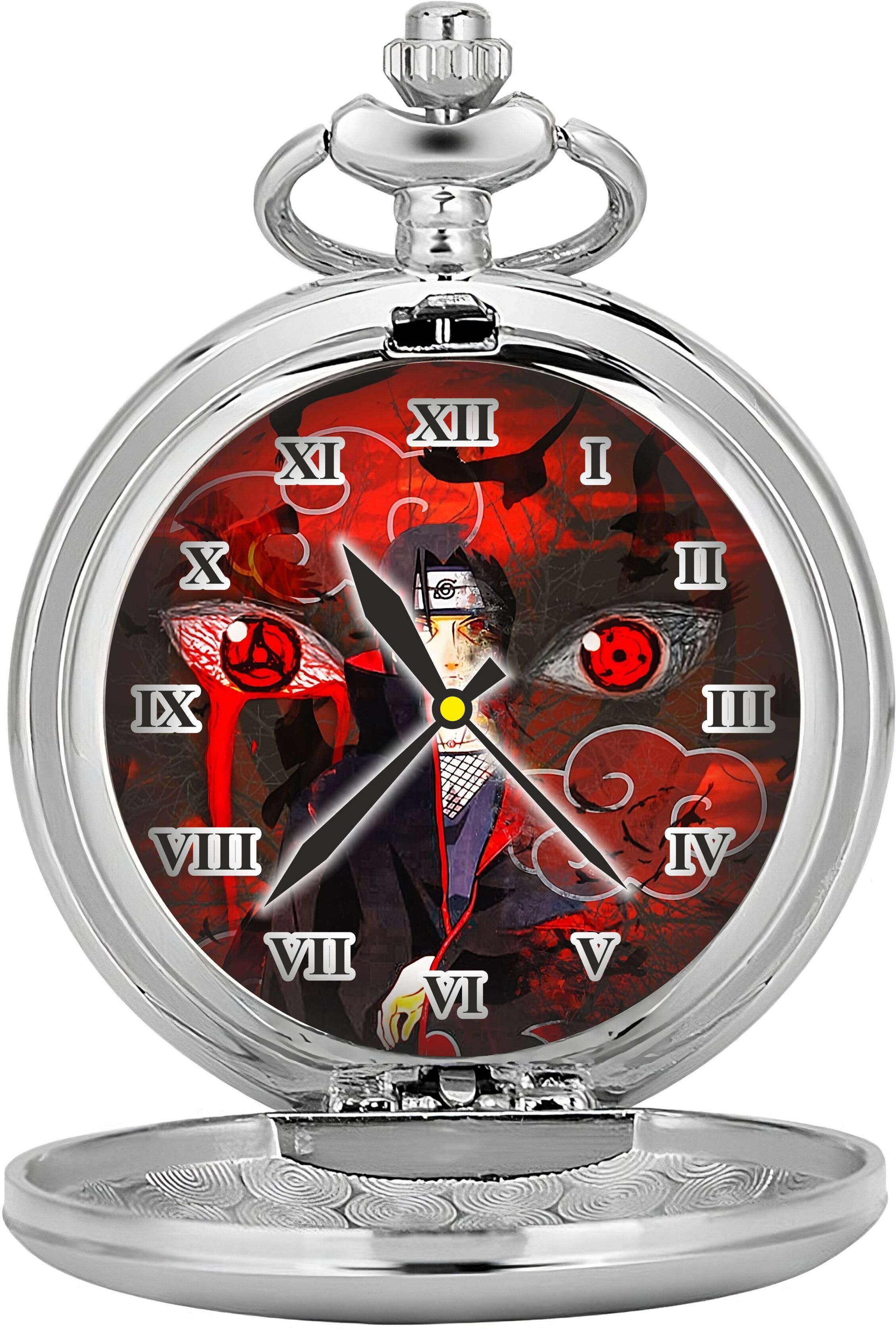 GT Gala Time Silver Naruto Theme Akatsuki Dial Printed Itachi Pocket Watch Key chain with Key Ring For Car & Bike Keys Gift for Men & Woman Silver Metal Pocket Watch Chain-image-14