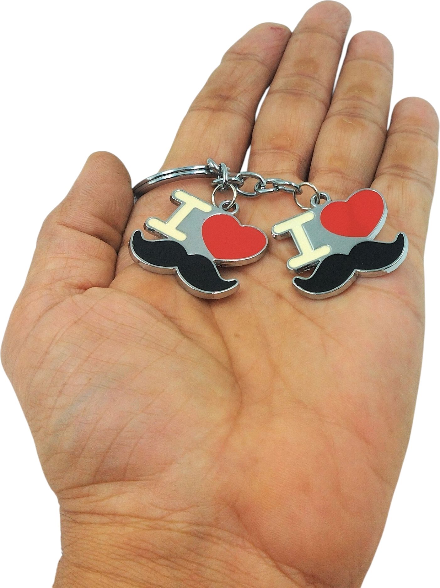 Mustache Silver Metal with Multicolor Enamel, Red Heart, Dual Joint Charms Key Chain-image-11
