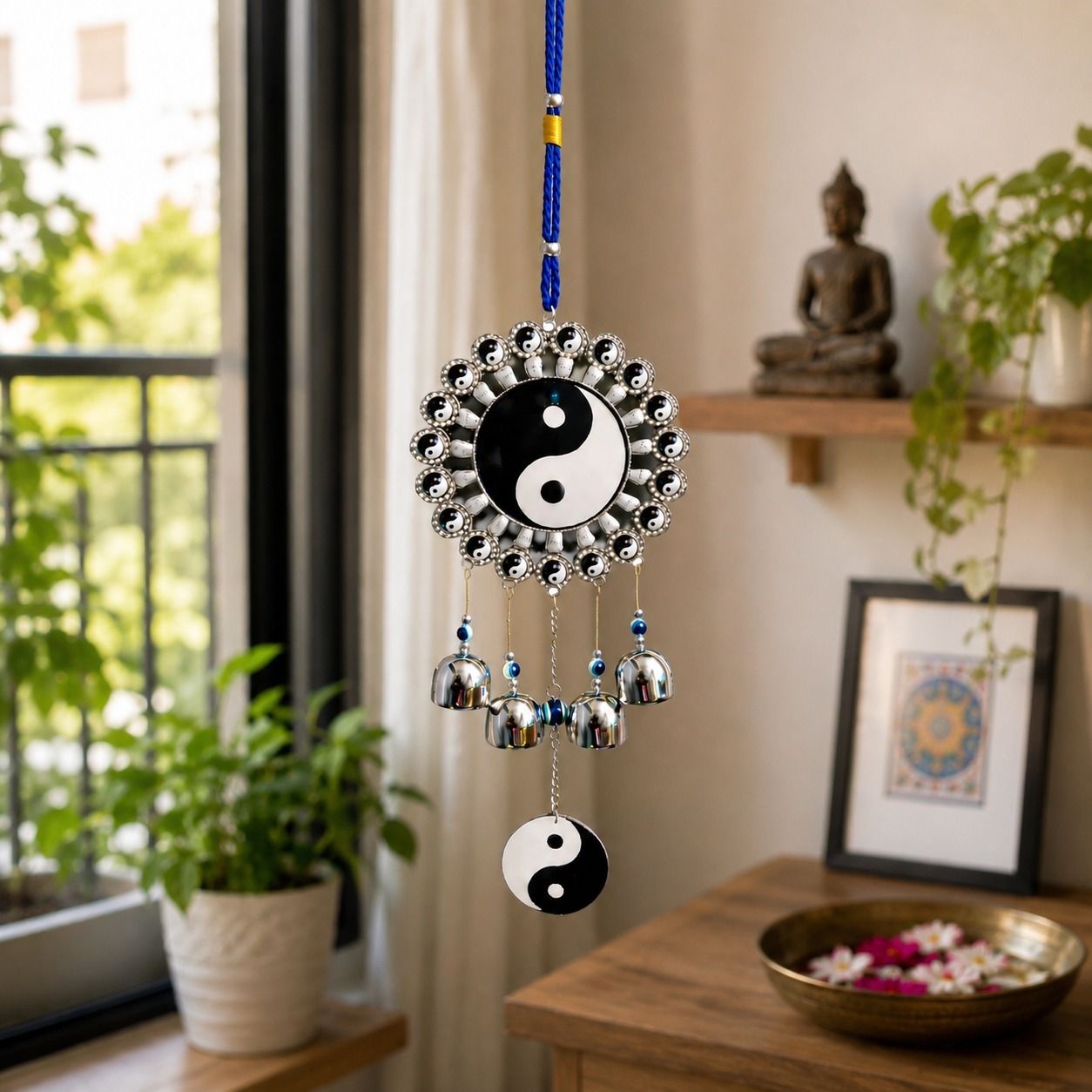 shree shyam shyam Yin Yang Evil Eye Hanging Decor with Bells for Home, Car & Office Silver Windchime-picture-17