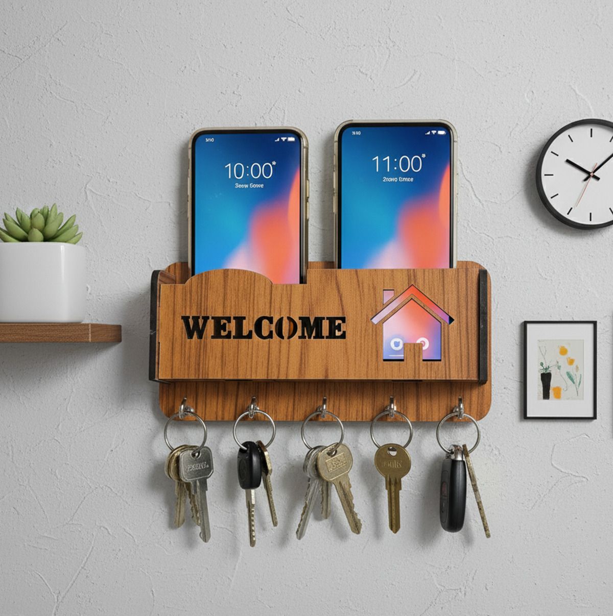 home spire 'Welcome' Wooden Key Hanger for Home with Mobile Charging Stand/Storage Shelf Wood Key Holder-picture-17