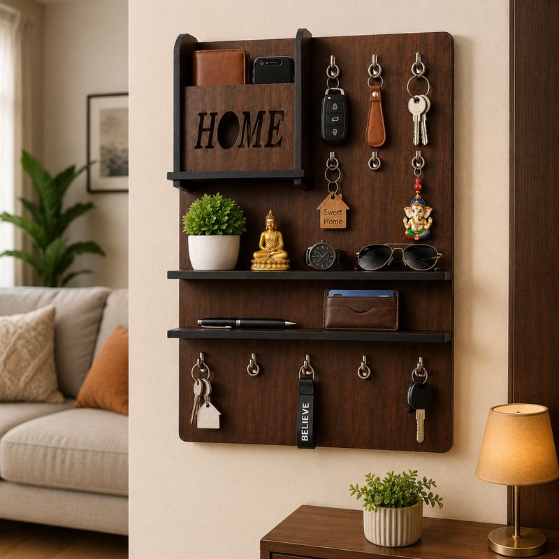 shubhamcraftssss Wooden Wall Mounted Key Holder with Shelf | Home Organizer | Brown Wood Key Holder-picture-36
