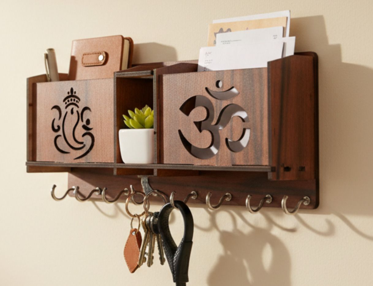 Premium Wooden Ganesha & Om Design Key Holder | 3-Slot Wall Organizer Home Decor Wood Key Holder-image-12