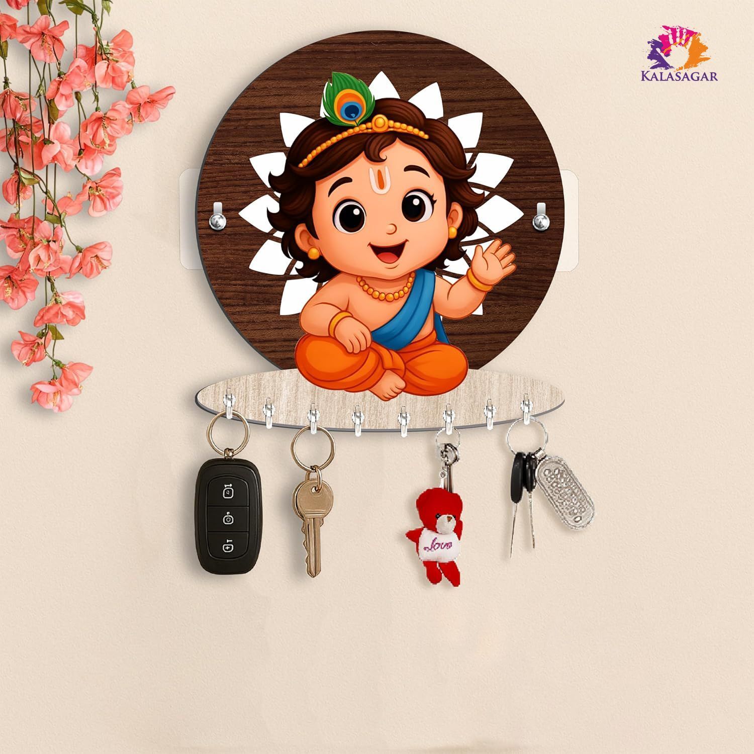 Little Krishna Attractive Theme Wooden Wall Mount Key Holder Wood Key Holder-image-35