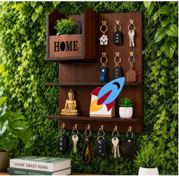 shree shyam crockery Wooden Wall Mounted Key Holder with Shelf | Home Organizer | Brown Wood Key Holder-picture-42