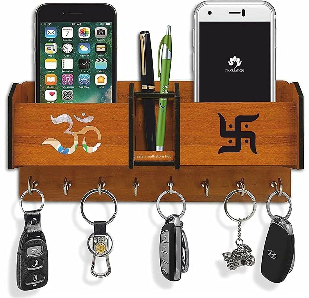 2 Pocket Pen Stand Om Swastik 8 Hook Brown Wood Key Holder Wood Key Holder-image-5