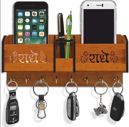 Wooden Mobile Key Holder & Key Orgniser with Pen Stand Radhe Radhe Design Wood Key Holder-image-4