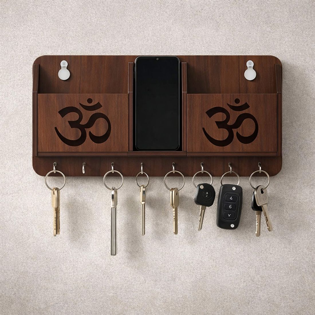 Dual Pocket Om Wooden Key Holder for Wall with Mobile Stand Wood Key Holder-image-49