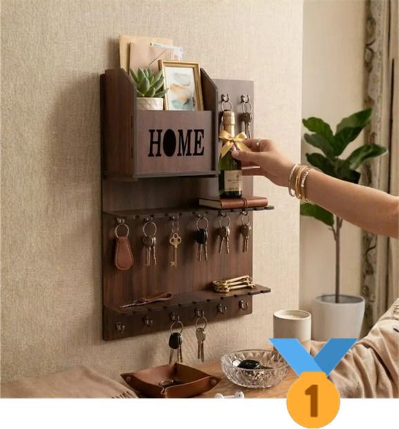 Wooden Wall Mounted Key Holder with Shelf | Home Organizer | Brown Wood Key Holder-image-5