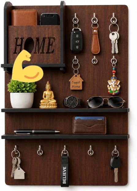 shubhamcraftssss Wooden Wall Mounted Key Holder with Shelf | Home Organizer | Brown Wood Key Holder-picture-40
