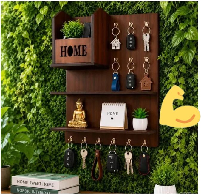 shree shyam crockery Wooden Wall Mounted Key Holder with Shelf | Home Organizer | Brown Wood Key Holder-picture-15