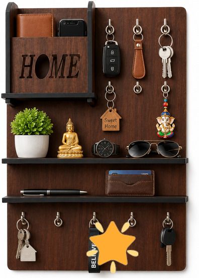 shree shyam crockery Wooden Wall Mounted Key Holder with Shelf | Home Organizer | Brown Wood Key Holder-picture-29