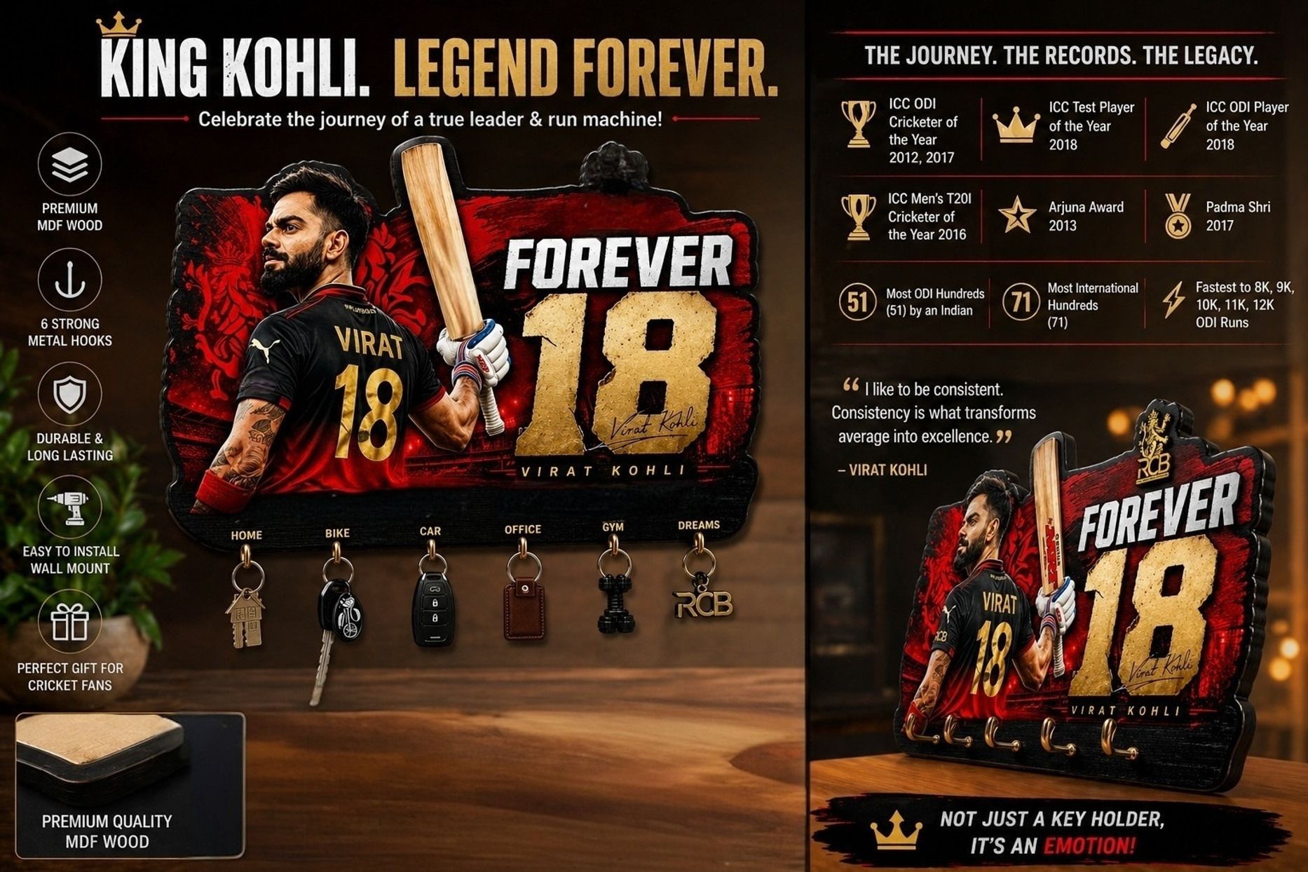 anee the world new virat kholi key holder Rcb fan club key holder wall hanger Wood Key Holder-picture-17