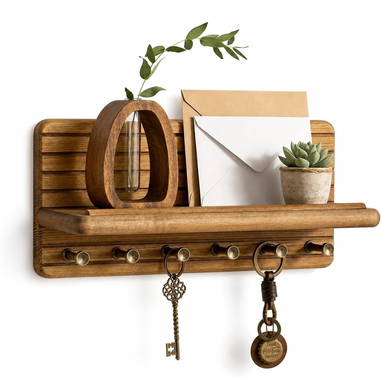 supvox Pine Wood Wall Mounted Key Holder with Shelf for Entryway and Home Storage Wood Key Holder-picture-18