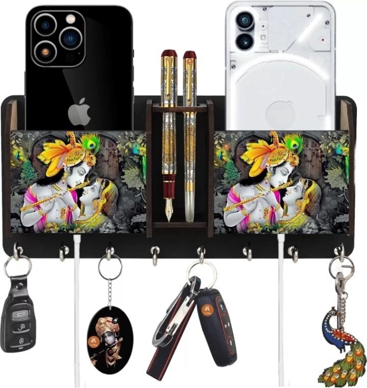 Printed Radha krishna wooden key holders with two pockets and pen holder Wood Key Holder-image-31