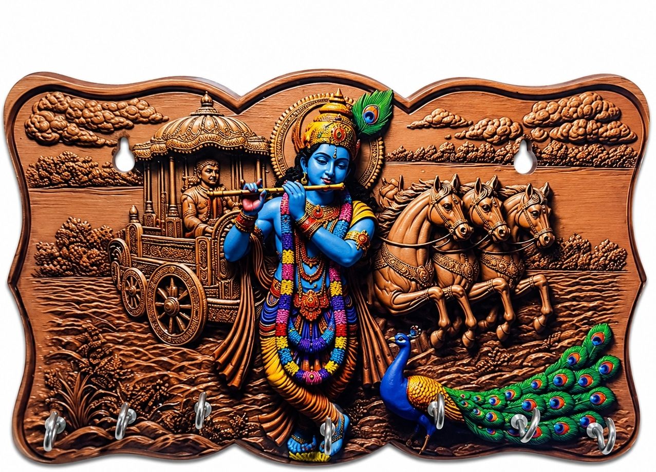Krishna 3D wooden wall mounted key holder with 7 hooks Wood Key Holder-image-20