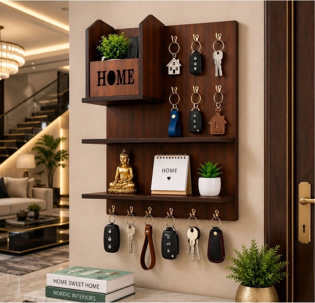 shubhamcraftssss Wooden Wall Mounted Key Holder with Shelf | Home Organizer | Brown Wood Key Holder-picture-13