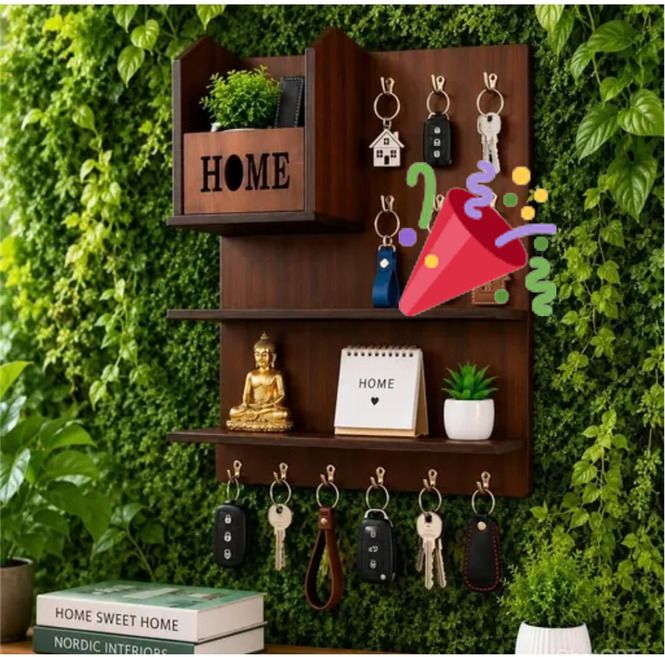 shubhamcraftssss Wooden Wall Mounted Key Holder with Shelf | Home Organizer | Brown Wood Key Holder-picture-19