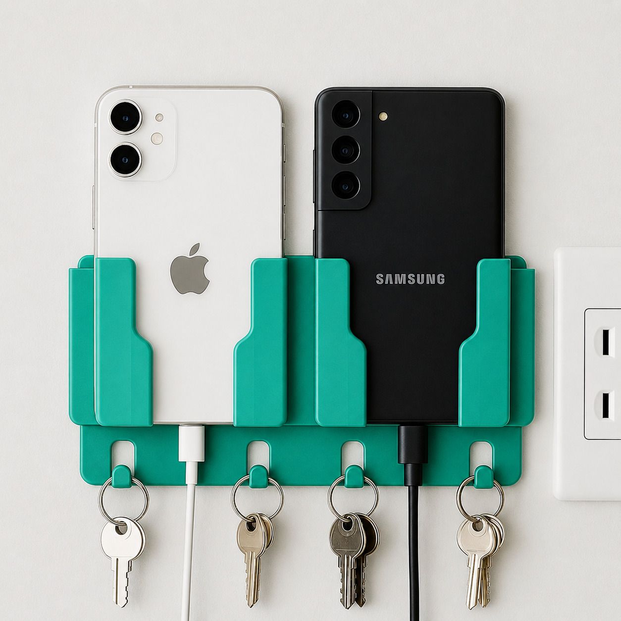 AksZon 5 in 1 Self Adhesive Mobile Charging Wall Holder with Key Hooks, Plastic Key Holder-picture-13