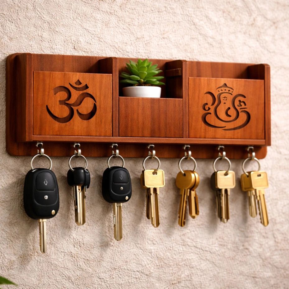 Wooden Key Holder with Om & Ganesh | Wall Key Stand for Home & Office Use Wood Key Holder-image-16