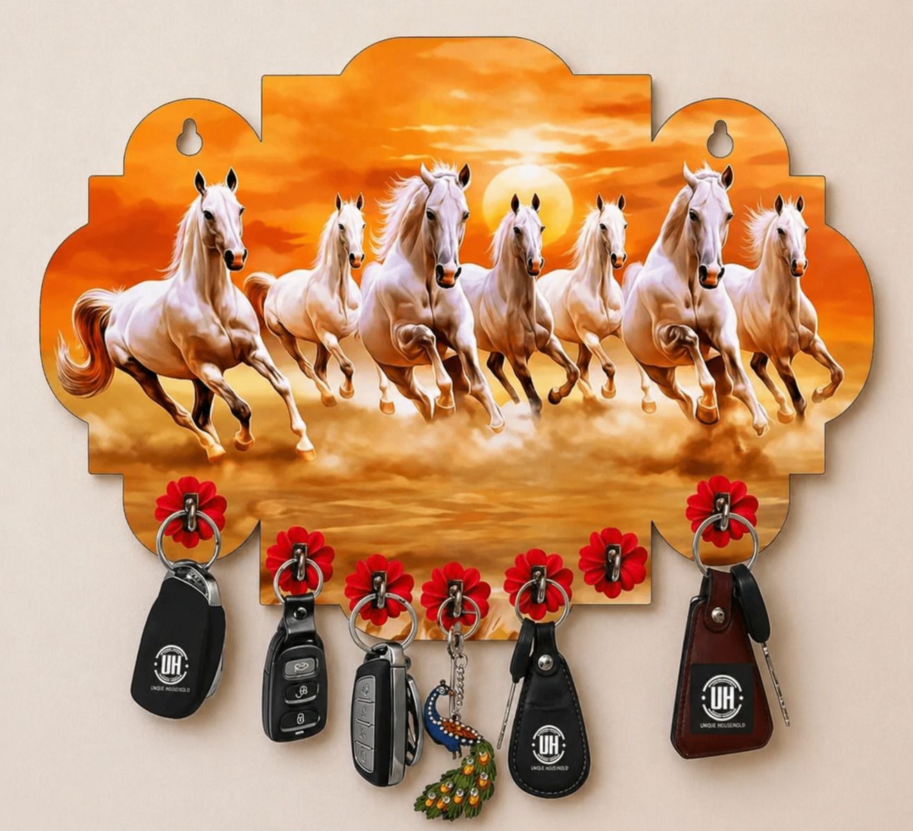 7 Running Horses Key Holder for Wall | Wooden MDF Key Stand with 7 Hooks Wood Key Holder-image-34