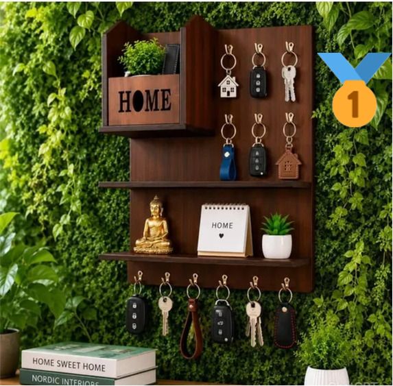 shree shyam crockery Wooden Wall Mounted Key Holder with Shelf | Home Organizer | Brown Wood Key Holder-picture-23