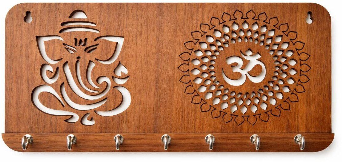 Wooden Ganesh Om Wall Key Holder with Mobile Stand & 7 Hooks Wood Key Holder-image-33
