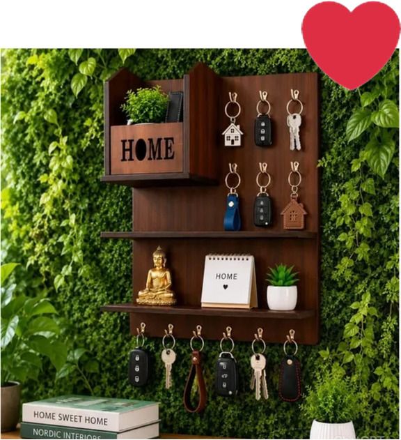 shree shyam crockery Wooden Wall Mounted Key Holder with Shelf | Home Organizer | Brown Wood Key Holder-picture-32