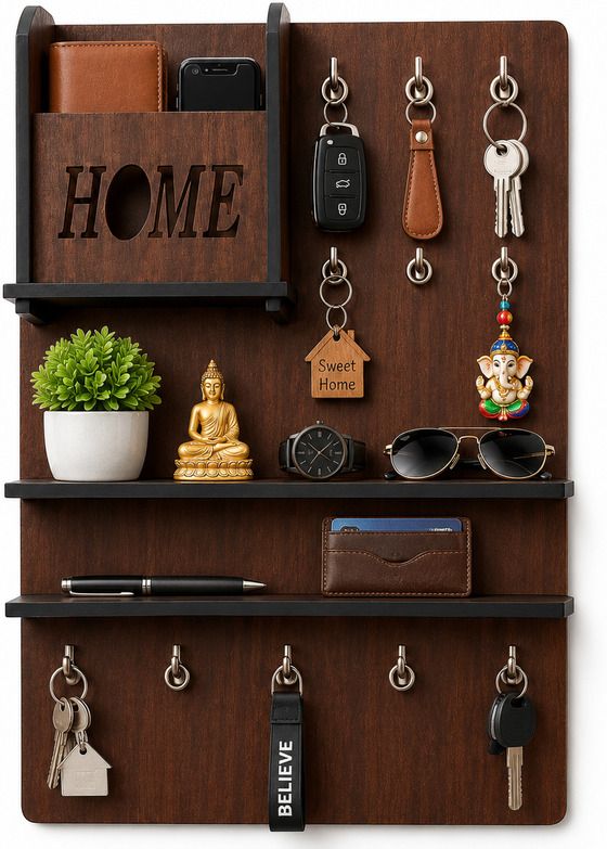 shubhamcraftssss Wooden Wall Mounted Key Holder with Shelf | Home Organizer | Brown Wood Key Holder-picture-30