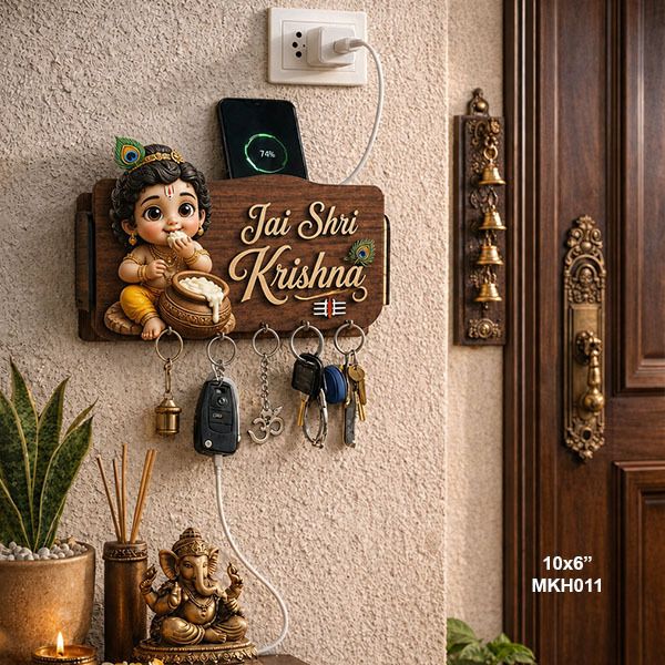 Wooden Printed Jai Shree Krishna Key Holder for Home Wall Decoration Wood Key Holder-image-22