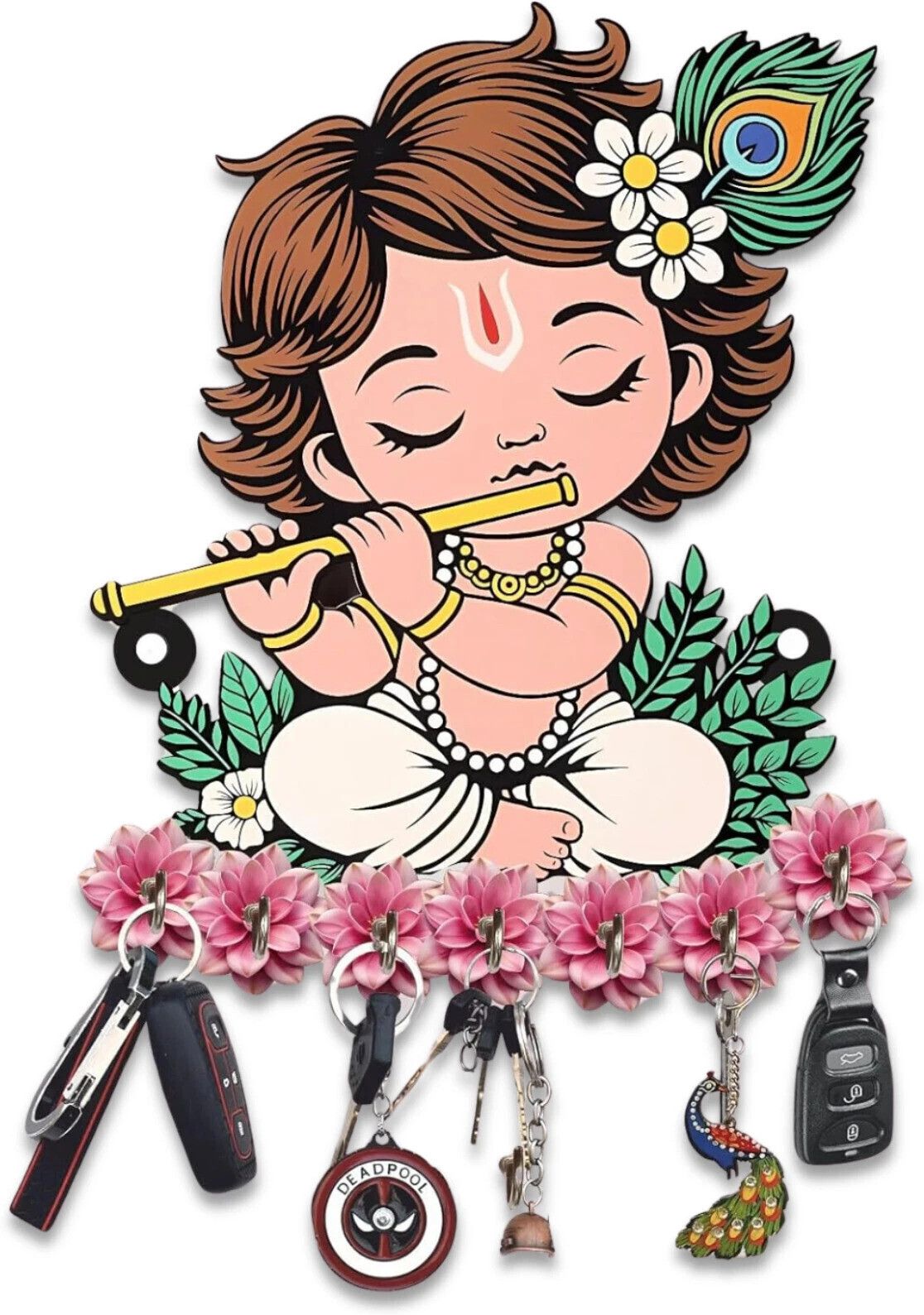 Baby Krishna Wall Hanging Key Holder | Baby Krishna Flute Design Wood Key Holder-image-48