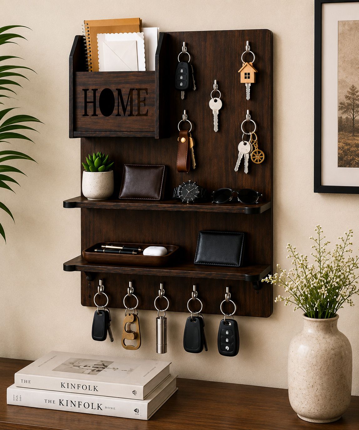 Wall Mounted Wooden Key Holder with Shelf & 10 Hooks for Home Wood Key Holder-image-29