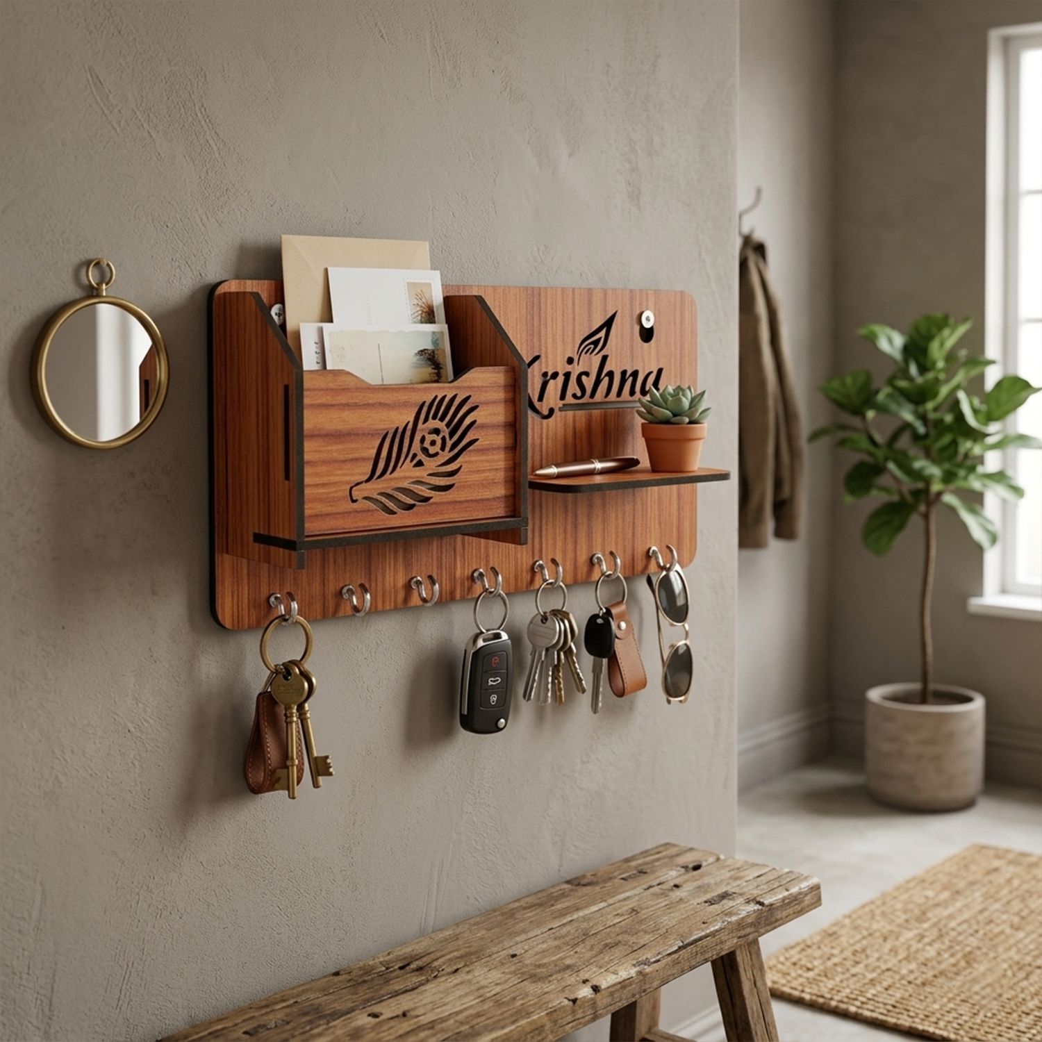 Multipurpose Wooden Key Holder Rack | Wall Key Organizer with Hooks Wood Key Holder-image-47