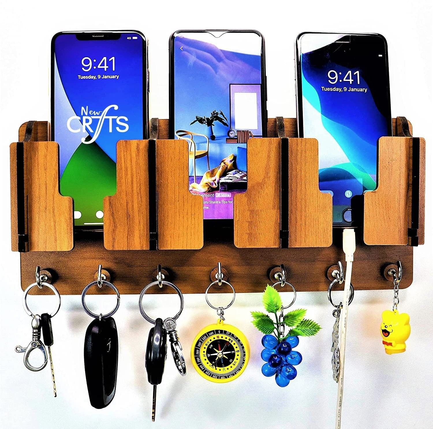 Key Holder With 3 Mobile Holder Visiting card Holder Wood Key Holder-image-15