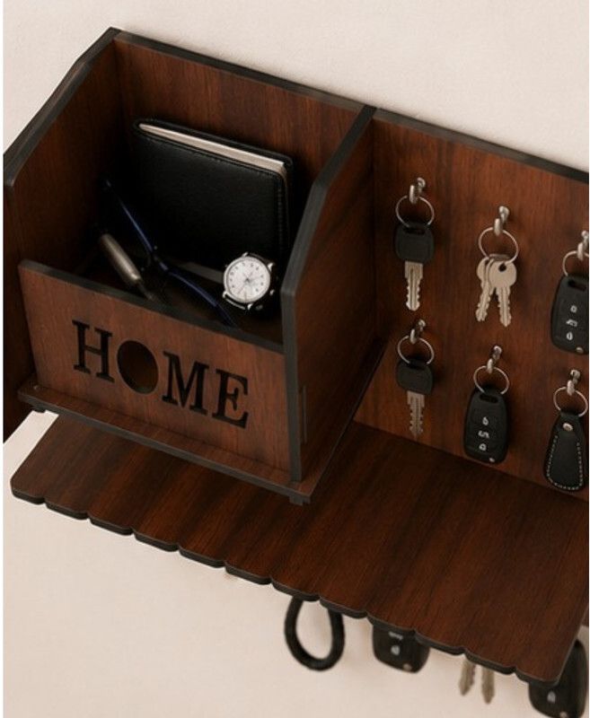 shree shyam crockery Wooden Wall Mounted Key Holder with Shelf | Home Organizer | Brown Wood Key Holder-picture-40