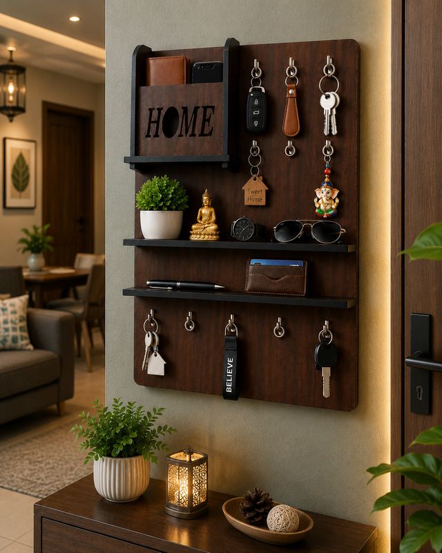 shree shyam crockery Wooden Wall Mounted Key Holder with Shelf | Home Organizer | Brown Wood Key Holder-picture-39